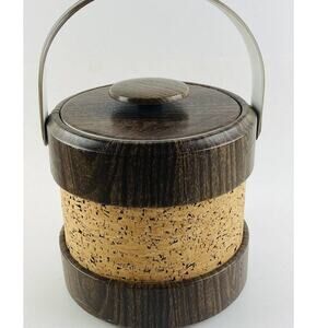 Vintage MCM Cork Wrapped Ice Bucket w Lid & Handle Faux Leather Mid Century Mod